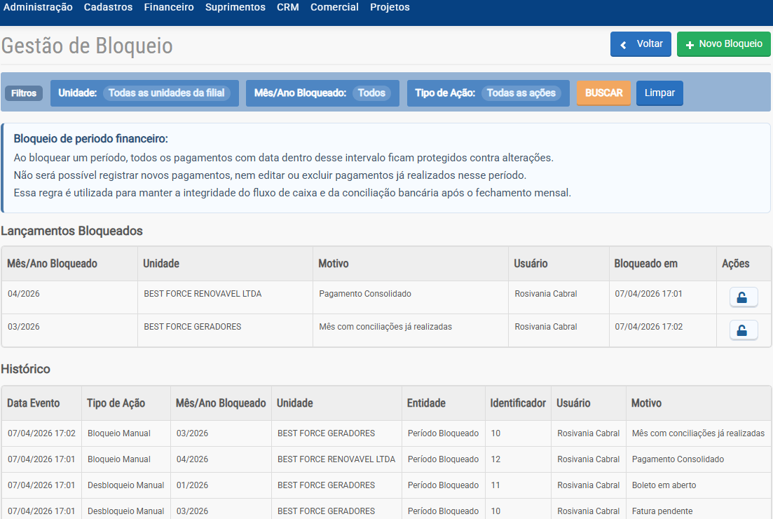 Gestão de Bloqueio Financeiro