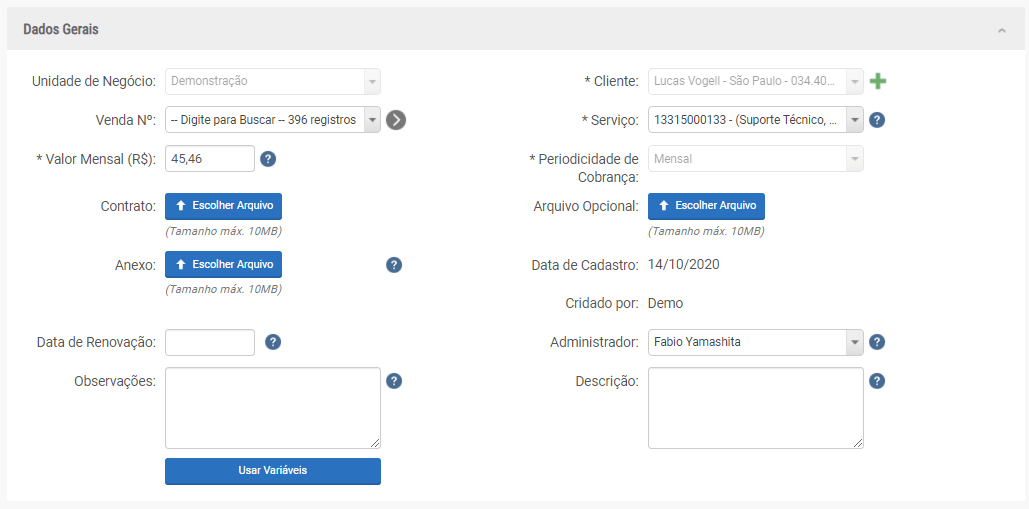 Definição de administrador e valor mensal - Skywork ERP